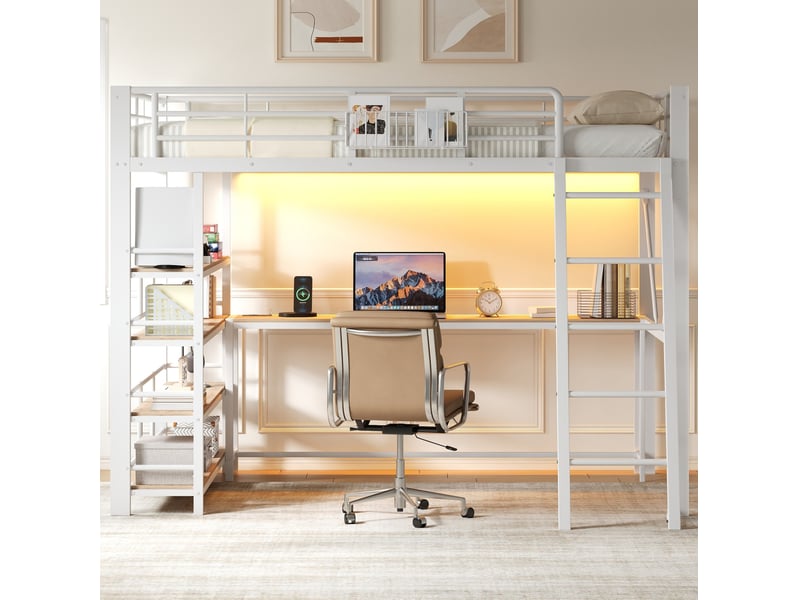  Lit mezzanine 140x200 cm bureau intégré, rangements, led, recharge usb, métal mdf blanc sans matelas  - Conforama D