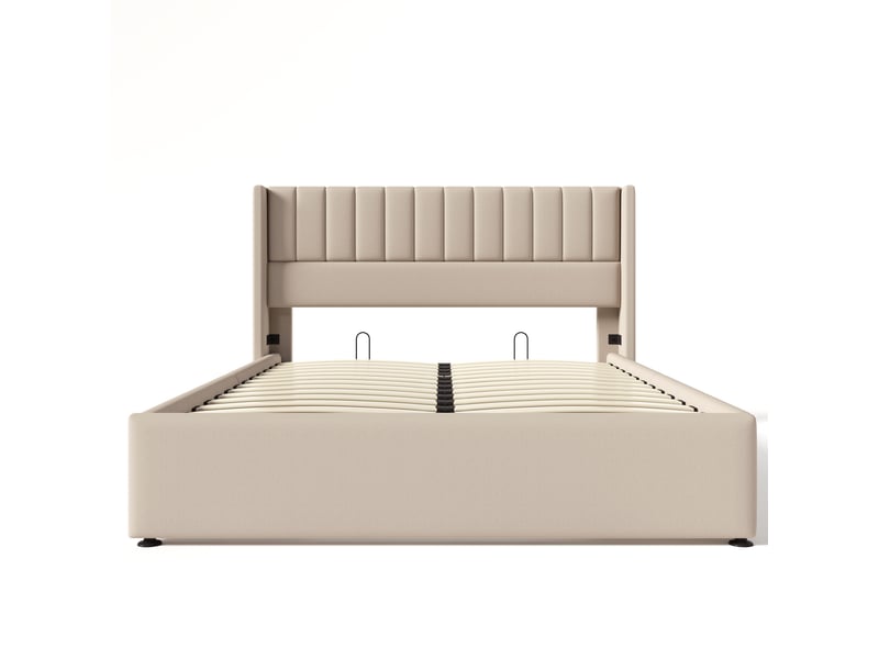  Lit coffre adulte 160x200 cm – beige – sommier relevable hydraulique, tête de lit rembourrée en lin confortable  - Conforama A