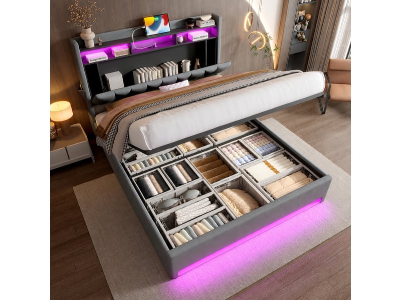  Lit coffre 160 x 200 cm en velours gris foncé, tête de lit avec rangements, led, usb et usb-c, sans matelas  - Conforama B