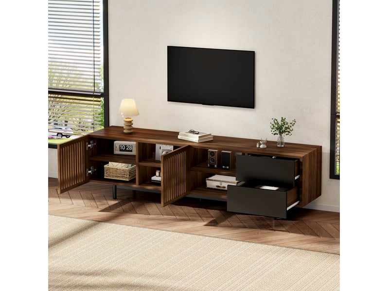  Meuble tv avec 2 portes à lamelles, 2 tiroirs et niches ouvertes, pour salon, en mdf, noir et bois, 160 × 38 × 50 cm  - Conforama C