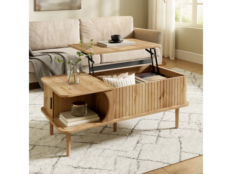  Lit superposé enfant 90x200 et 90x190 en bois blanc et chêne, avec lit gigogne à roulettes, bureau mobile, armoire escalier et étagère  - Conforama B