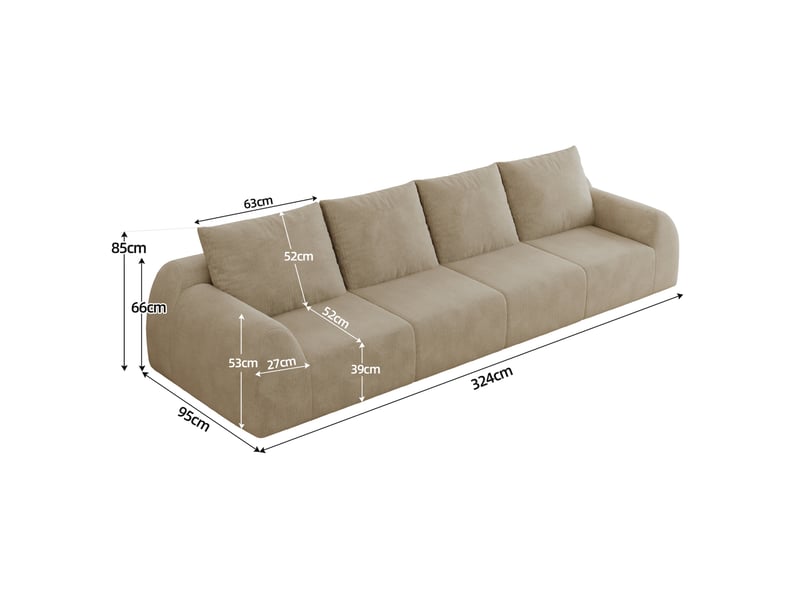  Canapé droit 4 places modenvie 324 cm en tissu chenille kaki, mousse haute élasticité, transport compressé  - Conforama C