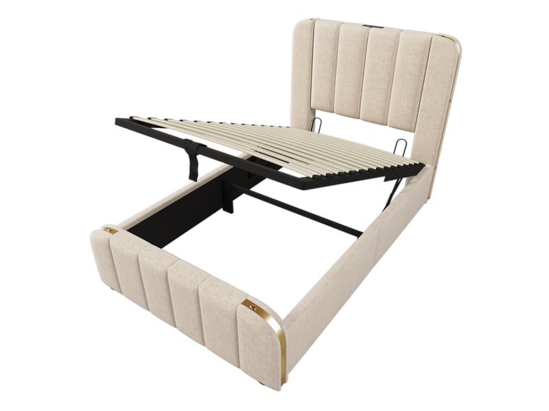 Lit coffre adulte 90x200 cm – beige – rangement hydraulique, usbtype-c et tête de lit rembourrée chic - Conforama D