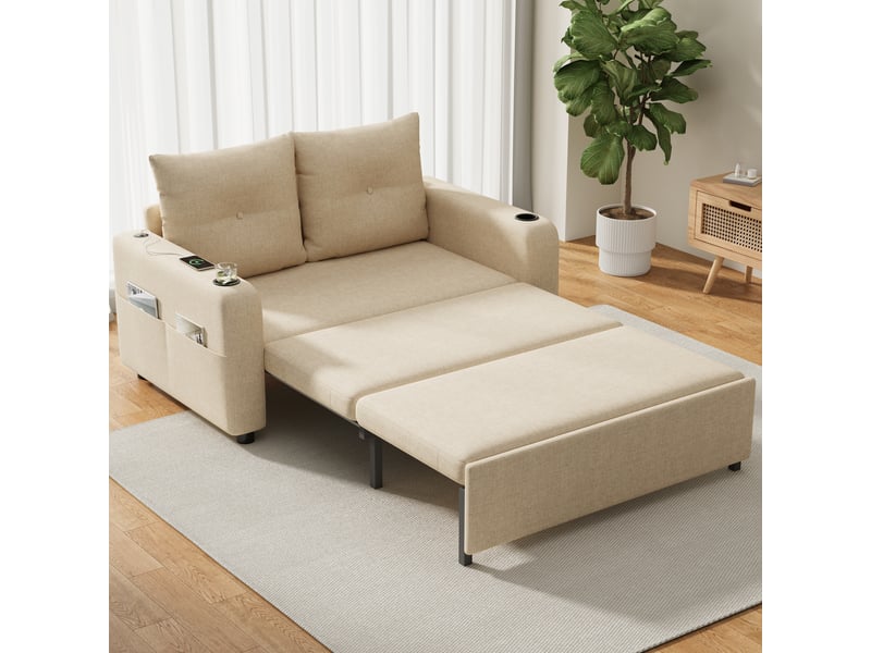  Canapé convertible 2 places beige en tissu effet lin, canapé 3 en 1 avec fonction couchage, ports usb et usb-c, 131 x 81 x 94 cm  - Conforama R