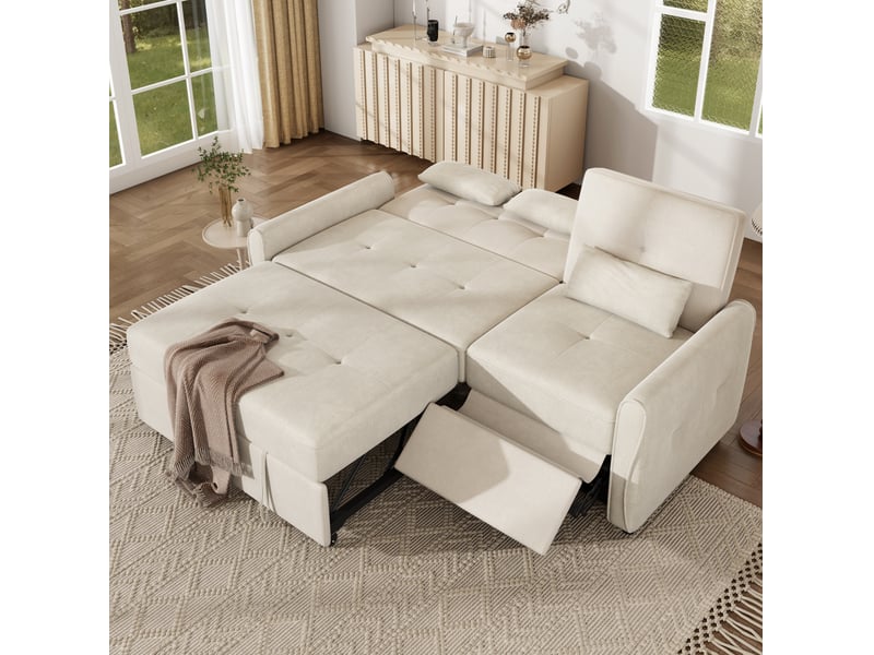 Canapé-lit 3 places extensible 3-en-1 en chenille beige, dossier réglable 90° à 180° - Conforama D