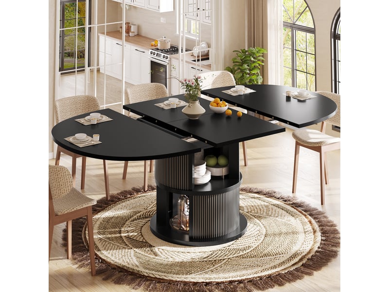 Table à manger de cuisine 118–158 cm - extensible - 2 niveaux de rangement - relief vertical - mdf et métal - noir - Conforama E