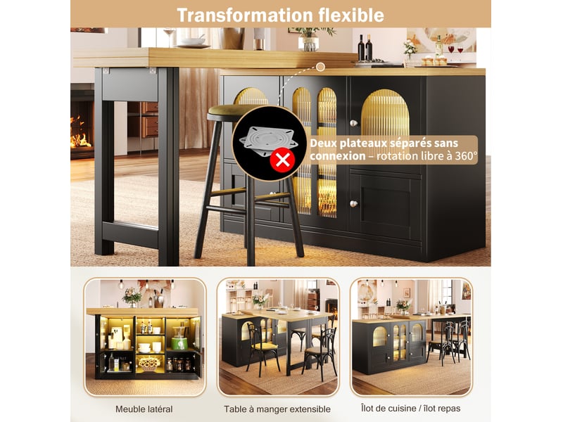  Buffet bas table extensible 3-en-1 120-197x40(80)x72 cm, led rgb, pivotant 360°, portes vitrées, rangement, mdf, noir  - Conforama D