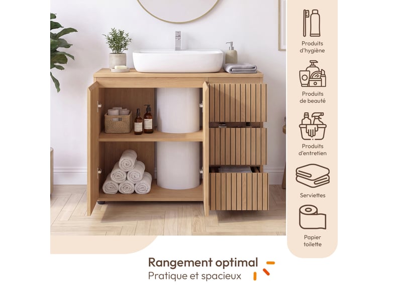  Meuble sous lavabo salle de bain victor avec placard et 3 tiroirs effet lattes  - Conforama C