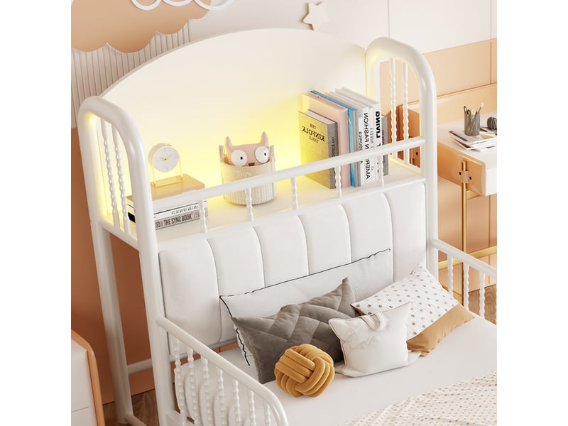 Lit simple 90x200 cm - lit enfant avec barrière de sécurité - tête de lit rembourrée avec rangement et led - blanc - Conforama E