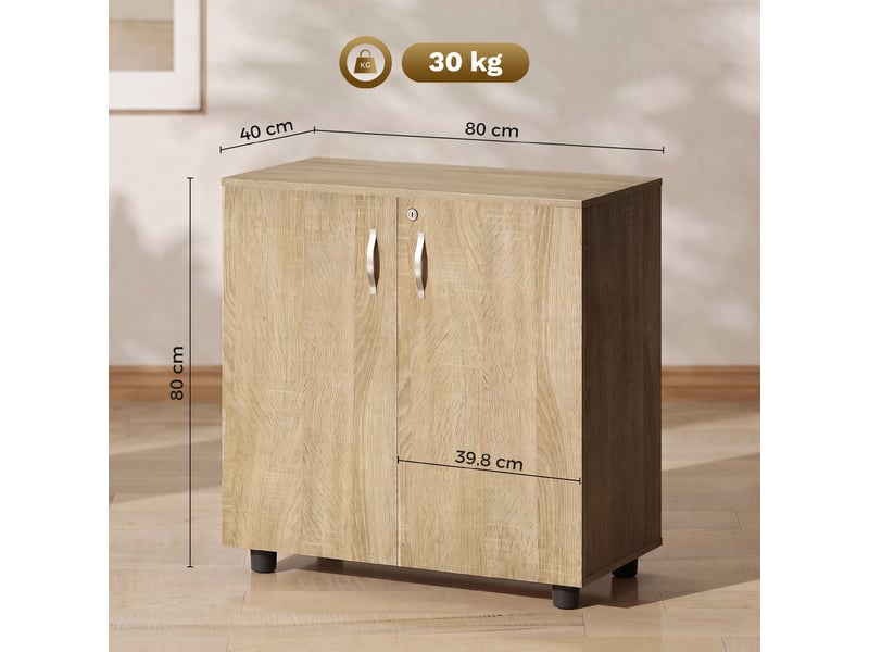 Armoire de bureau à 2 niveaux, meuble de rangement bureau avec 2 portes, serrures et clés, chêne, 80x40x80cm  - Conforama C