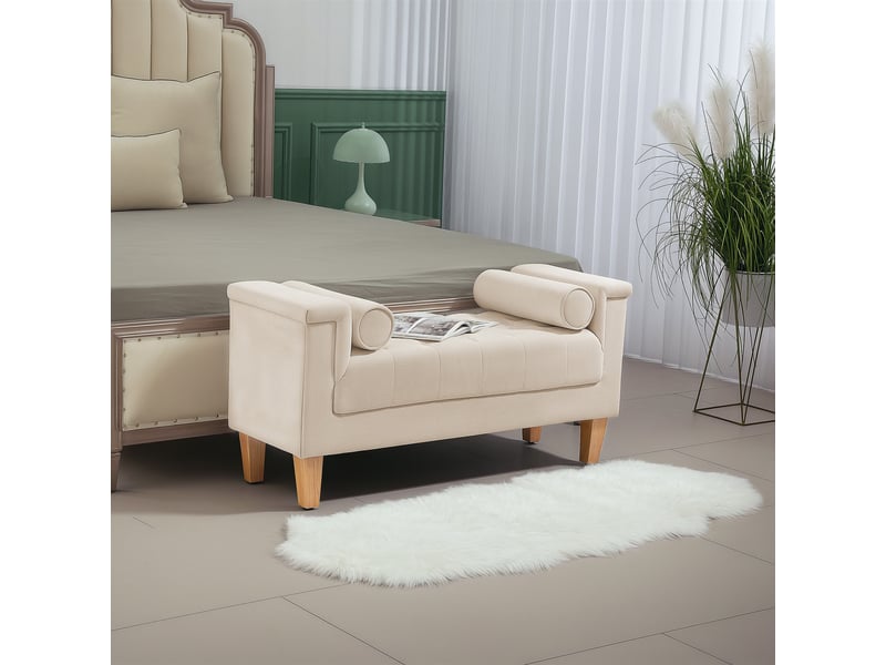  Banquette capitonnée, style vintage, 2 coussins, revêtement chenille, 115 x 44 x 58 cm, beige  - Conforama C