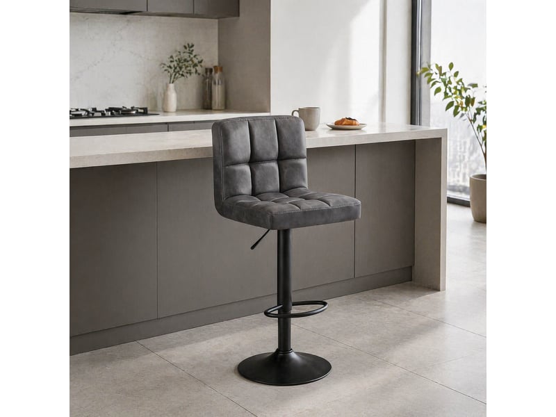  Tabouret de bar pivotant réglable avec dossier et accoudoirs, assise rembourrée en similicuir anthracite  - Conforama C