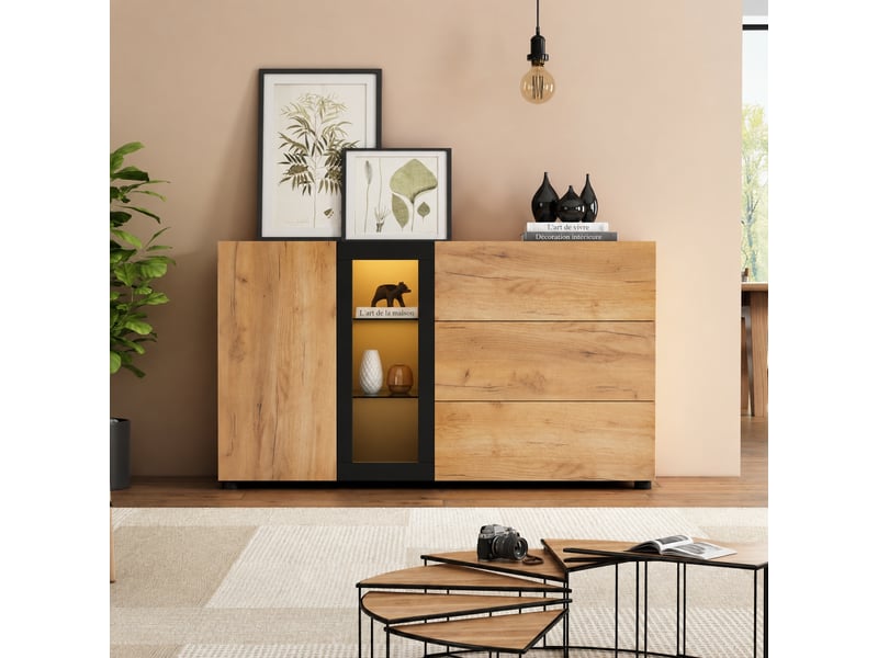Buffet moderne 140 cm avec trois tiroirs, porte et led contrôlées par application, noir et marron - Conforama C