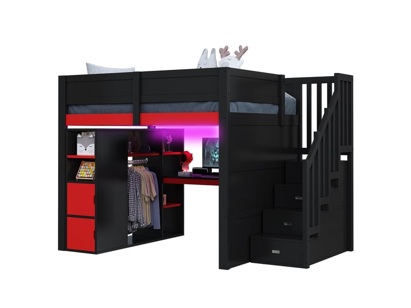  Lit mezzanine gaming 140 x 200 cm, bois, bureau, rangements multi-niveaux, led, usb, escalier noir, noirrouge  - Conforama A
