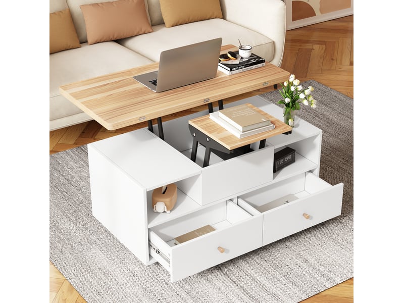  Table basse relevable pliante 100x50x47.5 cm avec 4 tiroirs en mdf coloris naturel  - Conforama B