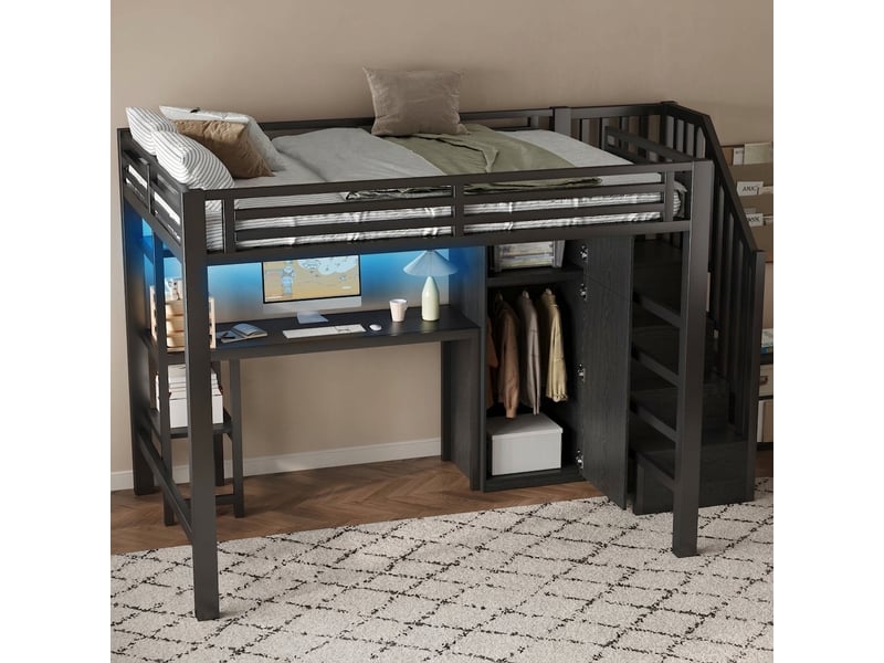  Lit mezzanine 140x200 avec bureau et armoire, escalier de rangement, métal noir  - Conforama C