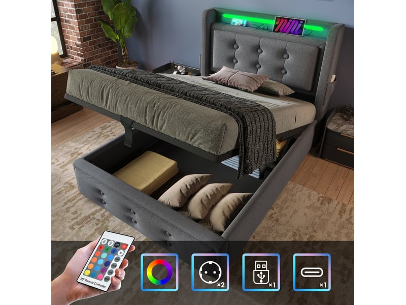 Lit coffre 1 place 90x200 cm avec led et usb-c en tissu coton-lin gris  - Conforama D