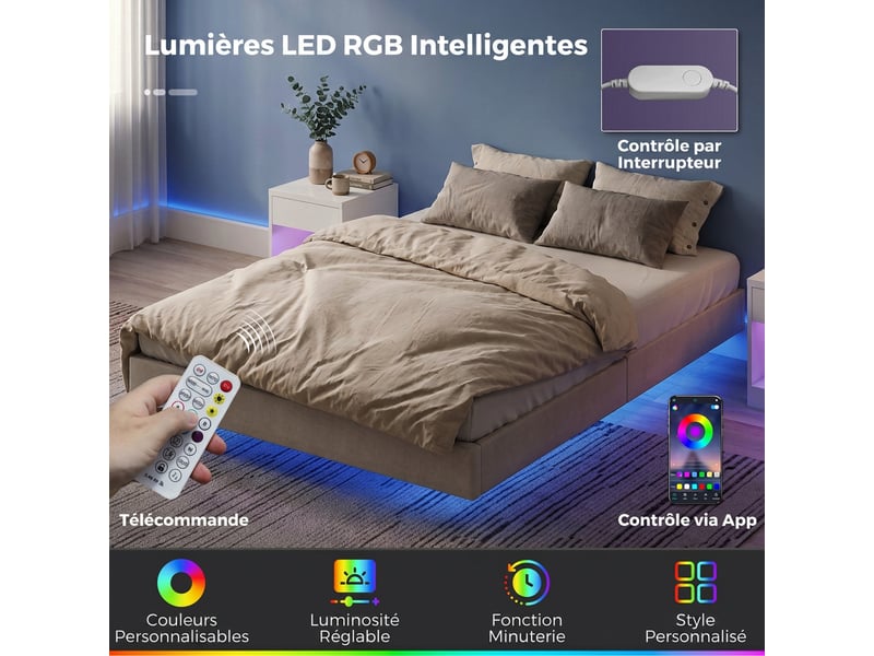  Lit flottant 160x200 avec éclairage led rgb intelligent, cadre de lit double rembourré beige  - Conforama W
