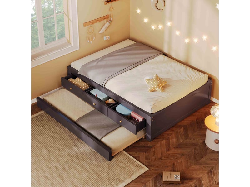  Lit gigogne enfant 90x200 cm en bois avec 3 tiroirs de rangement et lit d'appoint coulissant 90x190 cm - marron  - Conforama D