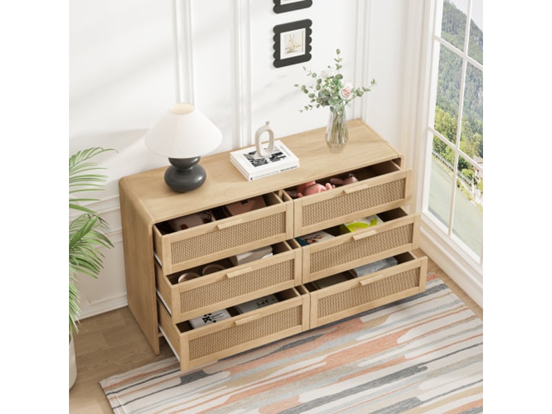  Commode avec 6 tiroirs en rotin, angles arrondis, pour salon, chambre ou cuisine, en panneaux de particules  - Conforama E