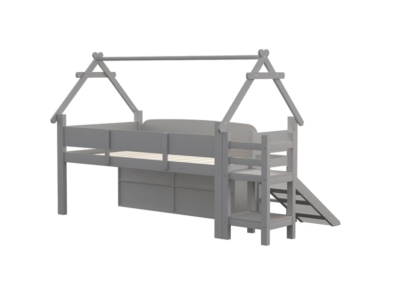 Lit mezzanine 90x200 cm, toboggan, rangements, cadre en bois forme maison, 2 tiroirs, gris, sécurisé - Conforama E