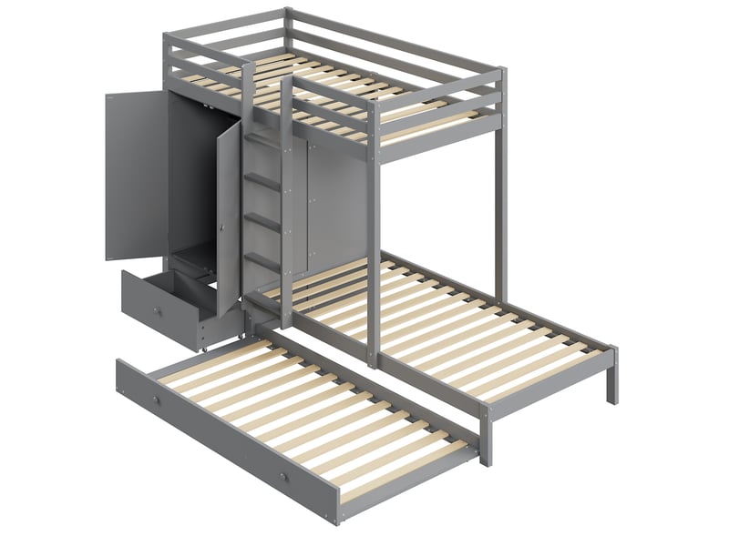  Lit superposé enfant 90x200 cm – gris – couchage gigogne, armoire, tiroirs et étagères – sans matelas  - Conforama A