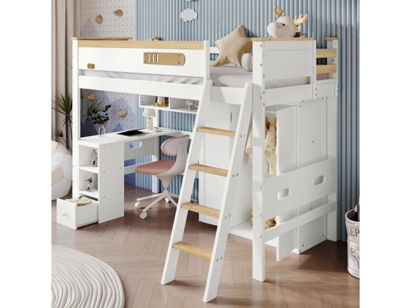  Lit mezzanine enfant 90x200 cm avec grille antichute, échelle, table et armoire, en bois, blanc, sans matelas  - Conforama C