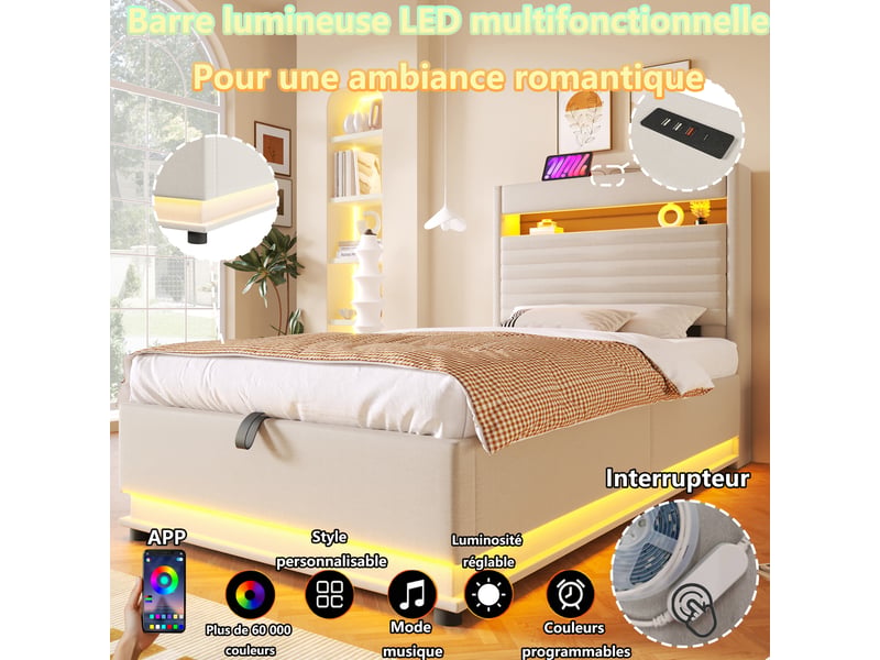  Lit coffre rembourré 90x200 cm avec rangement rabattable, led avec commande bouton et application, usb-c, lin beige evarich - Conforama D