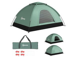 Tente dôme pour 2 personnes, légère, stable et imperméable, avec porte et fenêtre, sac de rangement et crochets, vert foncé.