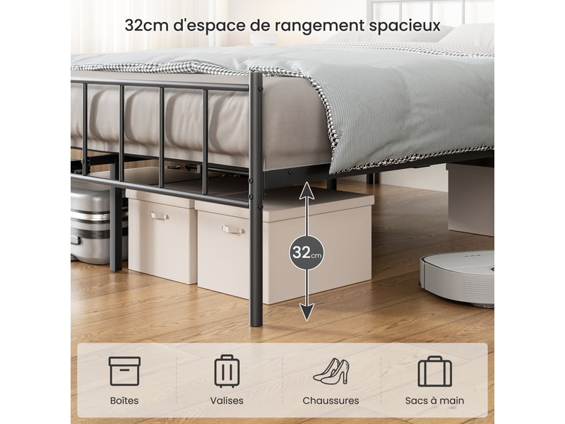  Lit double 140x200 cm, cadre de lit métallique minimaliste avec tête de lit, structure robuste, antidérapante et résistante à la rouille, noir  - Conforama D