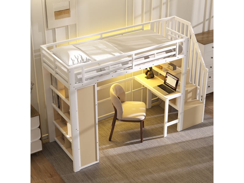  Lit mezzanine 90 x 200 cm sans matelas, structure métal, bureau, rangement, led, escalier avec coffre, blanc  - Conforama C