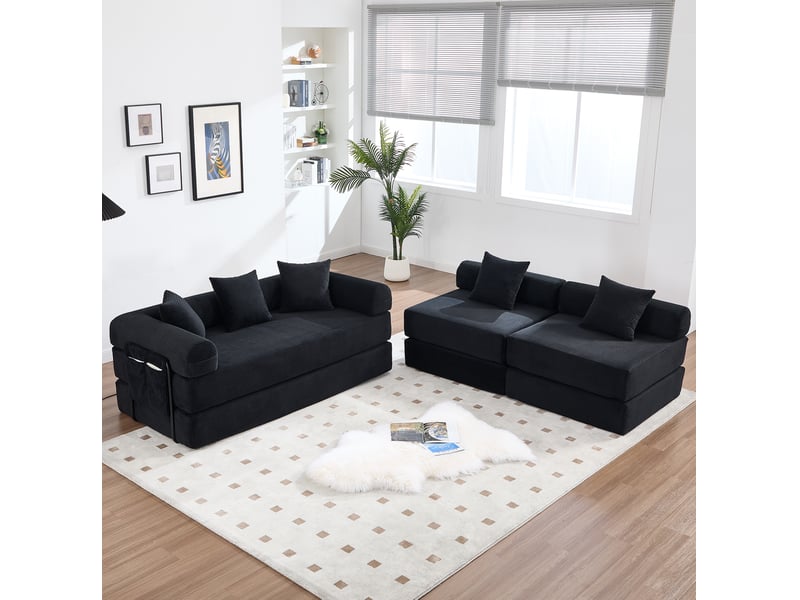  Canapé d’angle modulable convertible 4 places en velours côtelé noir 270 x 180 x 64 cm  - Conforama B