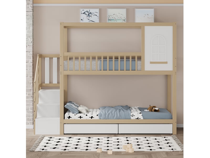 Lit superposé enfant 90 x 200 cm en forme de maison, avec rangements, échelle et barrières de sécurité, blanc et bois naturel - Conforama C