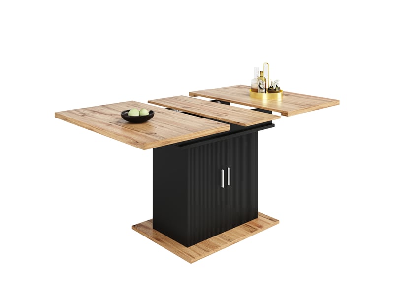  Table extensible (110)140×70x76cm avec espace de rangement, design à double porte, polyvalente, mdf, naturel et noir  - Conforama A