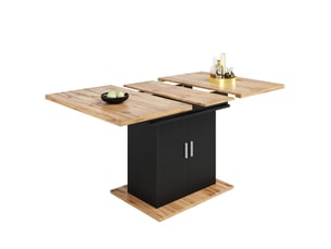 Table extensible (110)140×70x76cm avec espace de rangement, design à double porte, polyvalente, mdf, naturel et noir