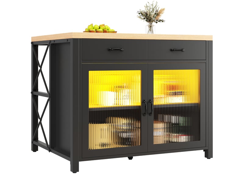 Îlot de cuisine led 100x80x90 cm avec portes vitrées et tiroirs, mdf, noir - Conforama A