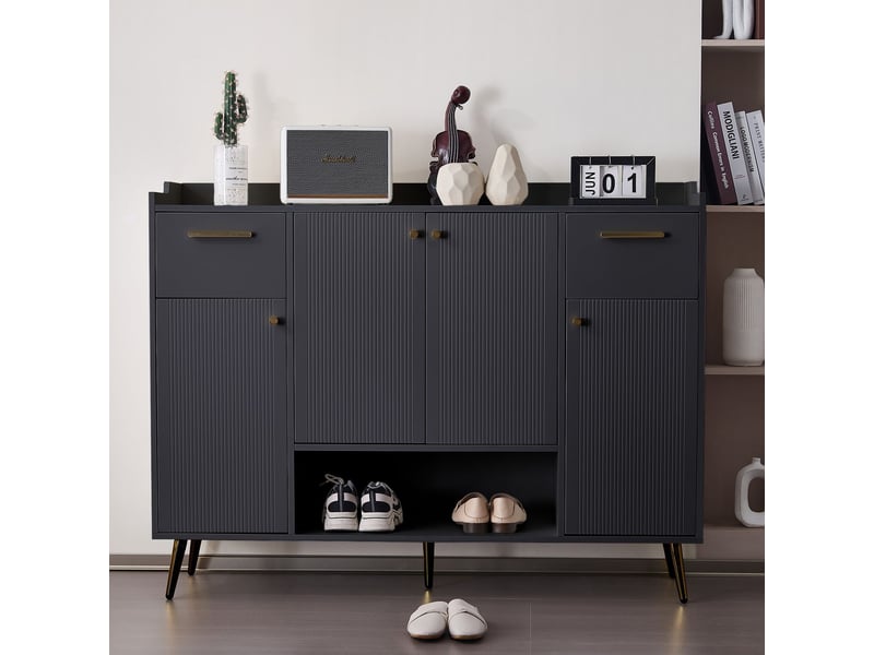  Meuble à chaussures l130xp37xh100 cm, 2 tiroirs, 4 portes, compartiment ouvert armoire à chaussures, pieds métal, finition noire  - Conforama A