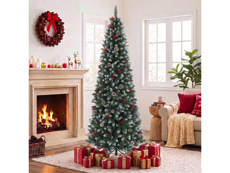 Sapin de noël snowy pencil de 210 cm avec 818 branches, baies rouges, pommes de pin, base métallique pliable, ouverture automatique, vert - Conforama B