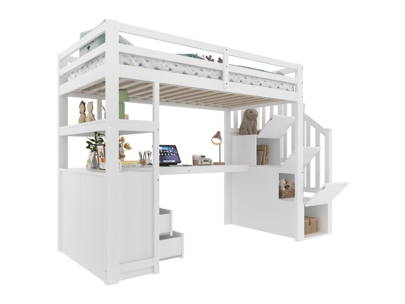 Lit mezzanine, 90 × 200 cm, lit simple avec échelle avec rangements, deux tiroirs, blanc  - Conforama D