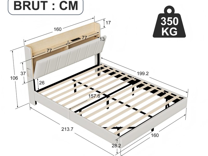  Lit 2 places 160x200 cm effet flottant avec led – cuir pu, tête de lit avec rangement et sommier à lattes  - Conforama C