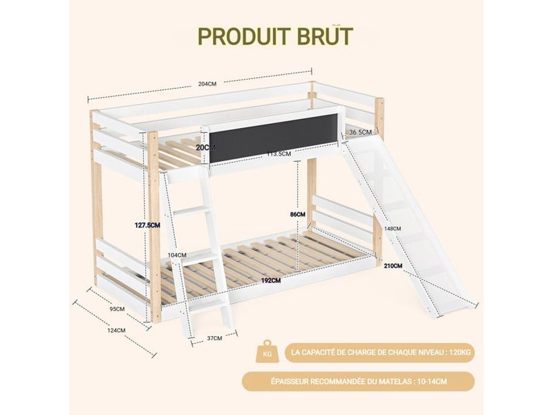  Lit superposé - enfants - toboggan - escalier - bois - blanc 203x95x127cm - Conforama E