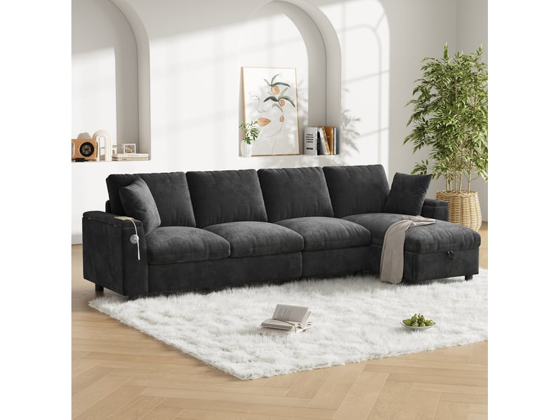 Canapé d’angle convertible 4 places en chenille gris avec rangement et usb - Conforama E