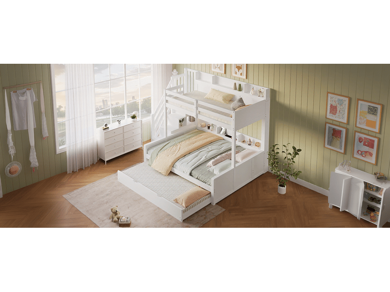 Lit superposé 90 x 200 cm, lit enfant à deux couchages, étagères ouvertes, couchage gigogne, ports usb et usb-c, échelle, bois massif, blanc Morn Vibe - Conforama E