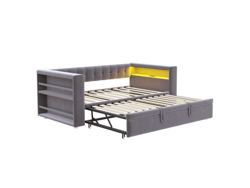  Lit gigogne 90x190 cm, canapé-lit avec éclairage led, ports usb,  tissu flanelle gris foncé, sommier à lattes inclus  - Conforama D
