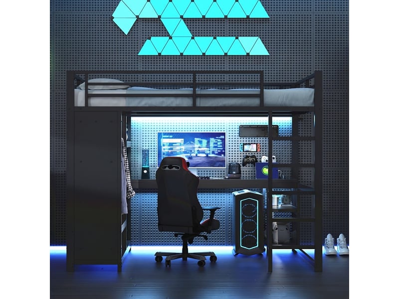  Lit mezzanine 140x200 avec bureau et penderie ouverte, lit gamer avec led, métal noir  - Conforama C