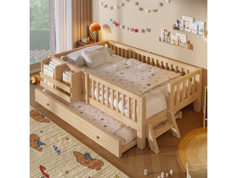  Lit gigogne 90x200cm, lit enfant avec petite échelle, panier de rangement, barrière, bois + mdf, couleur bois, sans matelas  - Conforama D