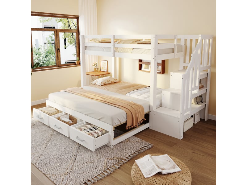 Lit superposé 90 × 200 cm et 90180 × 190 cm 3 places avec 3 tiroirs et échelle de rangement, sans matelas, blanc - Conforama B
