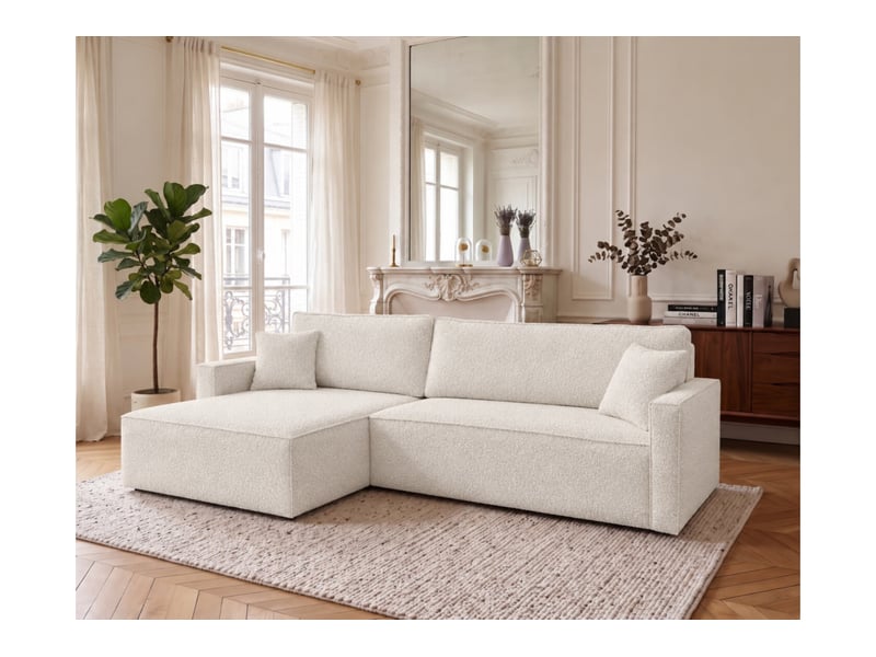 Farah - canapé d'angle max réversible et convertible 5 places accoudoirs slim en tissu bouclettes généreuses  - Conforama B