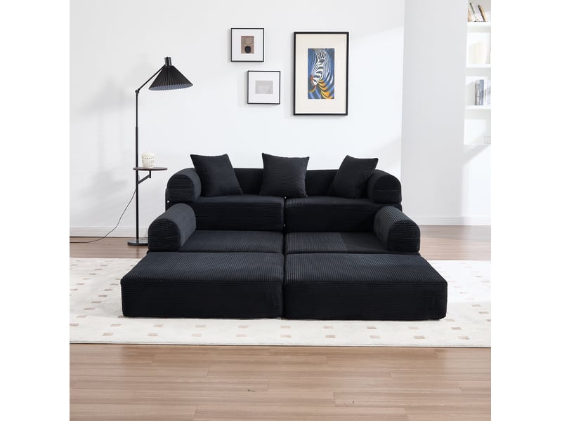  Canapé d’angle modulable convertible 4 places en velours côtelé noir 270 x 180 x 64 cm  - Conforama D