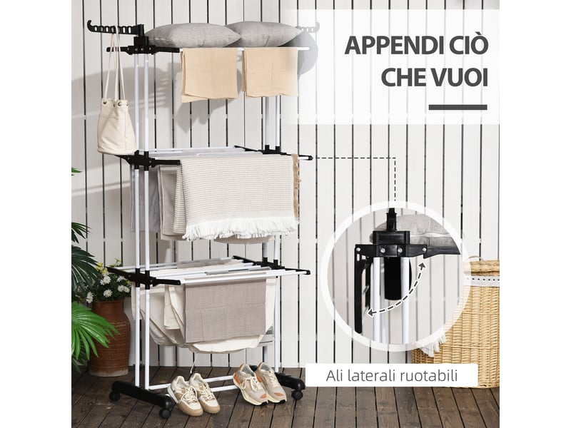 Étendoir à linge pliable à 4 niveaux avec ailettes rotatives et 4 roues, en acier et polypropylène, 73 x 64 x 177 cm, noir - Conforama D